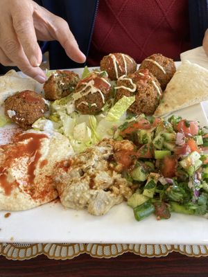 Felafel, hummus, baba gannoush platter  at Baba Kabob in North Charleston