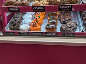 Bottom left tray are vegan at Pinkbox Doughnuts in St George
