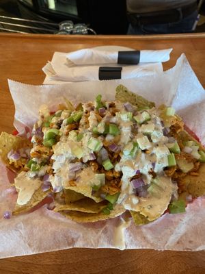 These Buffalo Chikin Nachos were absolutely amazing, best nachos ever!! My husband was blown away that these could be Vegan!  at Pig Minds Brewing in Machesney Park