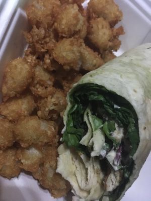 Eating in a dark car. Delicious wrap and tots! at Pig Minds Brewing in Machesney Park