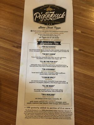 Pizza menu at Pig Minds Brewing in Machesney Park