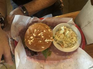 House made Possible burger with slaw at Pig Minds Brewing in Machesney Park