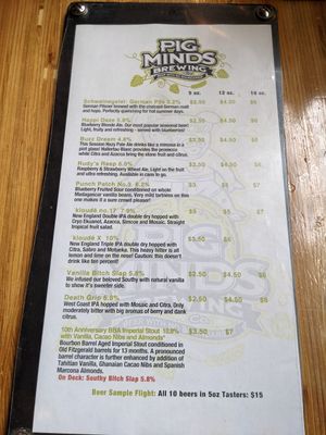 Example of beers available (early July 2022) at Pig Minds Brewing in Machesney Park