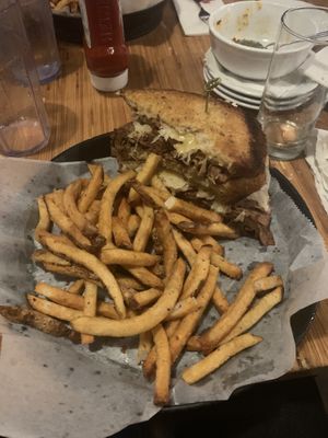 Reuben and fries  at Pig Minds Brewing in Machesney Park