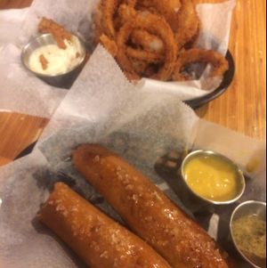 the artisan pretzels and onion rings at Pig Minds Brewing in Machesney Park