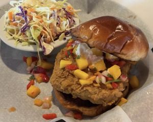 Mango Habanero Chik’n Sandwich w/ pineapple slaw  at Pig Minds Brewing in Machesney Park