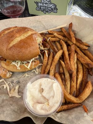 Peach bbq soy curl sandwich   at Pig Minds Brewing in Machesney Park