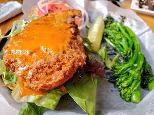 Chicken sandwich with buffalo sauce at Pig Minds Brewing in Machesney Park