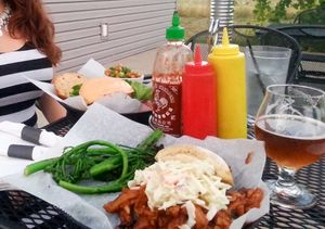 Vegan BBQ sandwich and grilled brocolini, so great at Pig Minds Brewing in Machesney Park