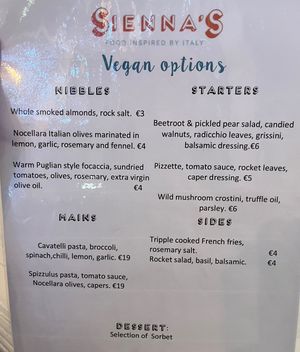 Separate vegan menu not mentioned on their website!   at Sienna's in Dublin
