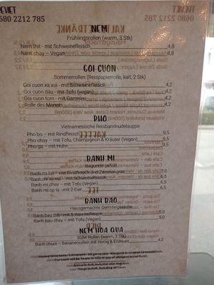 Menu at Tre Viet in Vienna