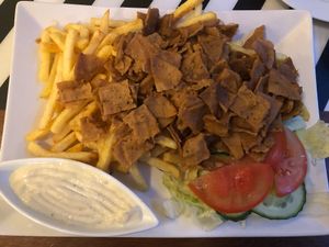 Kebab, garlic sausage and potatoes fries  at O'Mamma Mia in Stockholm