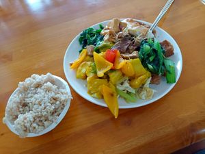 Plate full of goodies with some rice on the side at Xiāng Lín SùShí 鄉林素食 in Taitung