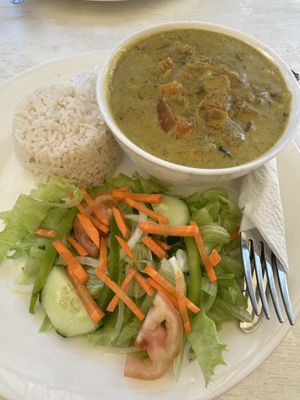 Veggie coconut curry with white rice and green salad with no dressing    at Chef Juan's Kitchen and Pastries in Caye Caulker