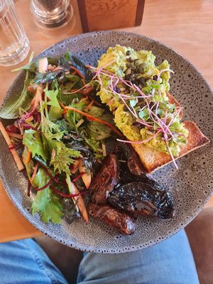 Smashed Avo & mushrooms   at Peekaboo Backyard Eatery in Kaitaia