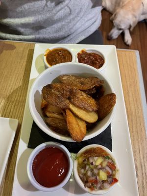 Potato Skins with 4 Dips £5.50. (mango salsa, masala curry, creole sauce and ketchup)  at Holly Bush Inn in Kielder