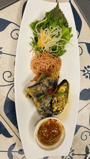 Shala deep fried sqaure roll with seaweed and lotus seed  at Shala Vegan House in Da Nang