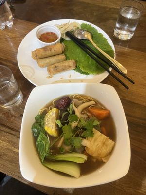 stewed noodle soup & deep fried spring rolls  at Shala Vegan House in Da Nang