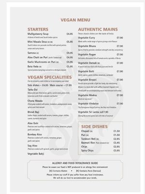 Vegan menu at Goa in Sunderland