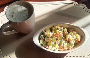 Soy milk, potato salad at Orchis Vegan Cafe - Орчис  in Ulaanbaatar