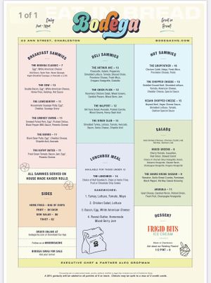 Menu  at Bodega in Charleston
