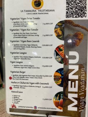 Menu and prices  at La Tamalera Vegetariana in Medellin