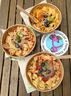 Vegan bolognese, Vittá and Pomodoro with pappardelle pasta at Pasta Siena in Veszprem