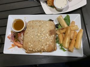 Beyond burger with yuca fries at The Purple Elephant in Northport