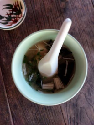 Miso soup (included in the vegan sushi set) at Chef's Kazoku in Pai