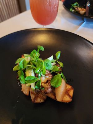 King oyster mushroom, cauliflower, green apple at Miss Amelie in Wodonga