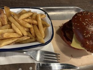 Vegan beef burger with friesd  at BrewDog in Hull