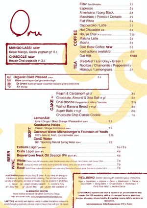 Oru's menu, where v=vegan and va=vegan option available. at Oru Space in South East London
