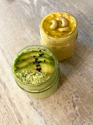Just opened avocado hummus with spinach and pumpkin mousse with cashew cream cheese at Gayamboulé in Yerevan