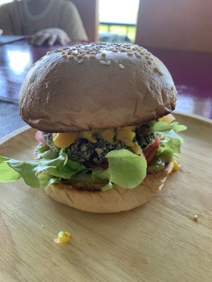 Amazing veganised Kitchari burger it has banana chutney and mango salsa. Soooo good 👌🏽  at The Dreaming Tree in Phuket