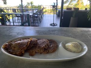 This was an attempt at eggless zucchini fritters using tapioca starch. The texture was soft but the taste was really good    at The Dreaming Tree in Phuket