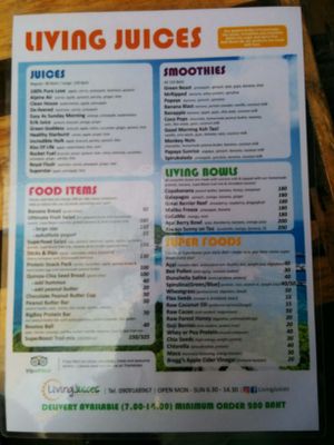 menu at Living Juices in Koh Tao