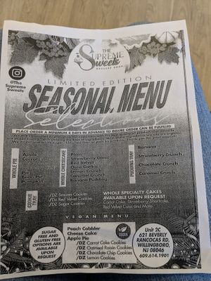 Seasonal menu (Fall 2024) at The Supreme Dessert Shop in Willingboro