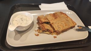 Vegan moussaka with soy-based tatziki sauce at Marmara falafel&more in Ljubljana