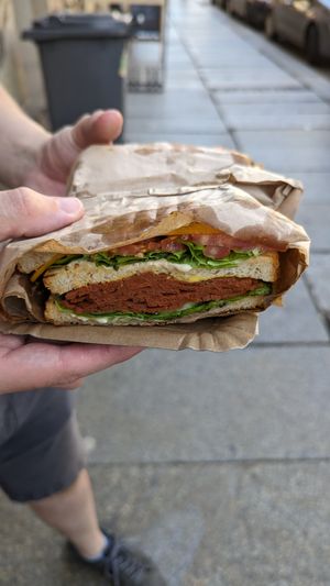 salami sandwich at Die Vegane Fleischerei in Dresden