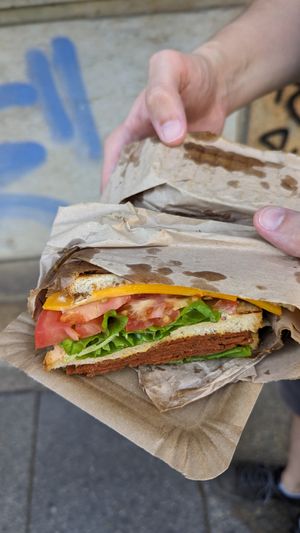 Salami sandwich at Die Vegane Fleischerei in Dresden