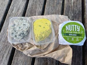 Vegan salads, and a delicious wild garlic cheese. at Die Vegane Fleischerei in Dresden