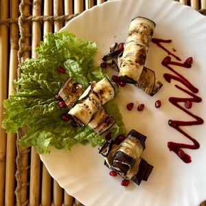 eggplant joints, so tasty - 300Rs  at Hippie Paws in Mandrem