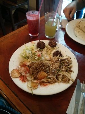 Mixed Vegetarian platter - hummus, salad, rice, fried potatoes, stir-fried veggies (yum!) and Falafel (double yum!) at Pita Wok in Bogota