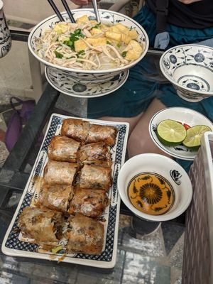 Spring rolls and pho at Tam Coc Ngo Dong Homestay and Vegan Restaurant in Ninh Binh