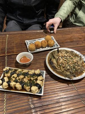 Tofu with seaweed, potato balls (avoid!) and aubergine  at Tam Coc Ngo Dong Homestay and Vegan Restaurant in Ninh Binh