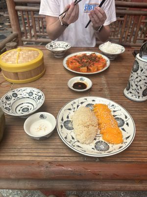 Mango sticky rice and tomato tofu  at Tam Coc Ngo Dong Homestay and Vegan Restaurant in Ninh Binh