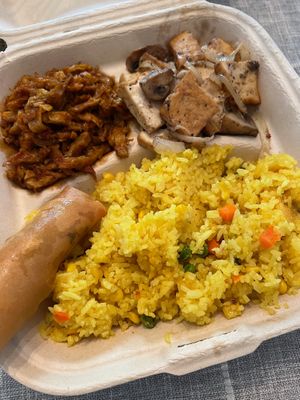 Fried Rice Combo with Spicy Lemongrass Chicken and Mushroom Tofu with Black Pepper at ChuMinh Tofu and Veggie Deli in Seattle