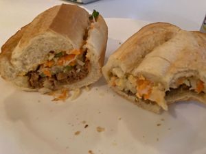 BBQ pork and sesame beef (both cut in half because we were sharing) at ChuMinh Tofu and Veggie Deli in Seattle