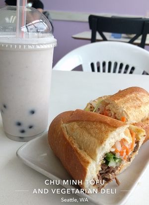 Taro boba and sandwich at ChuMinh Tofu and Veggie Deli in Seattle