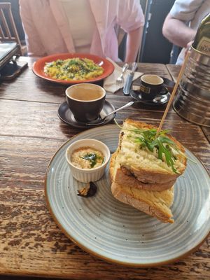 Club sandwich and dish of the day (risotto) at Humus in Bolzano